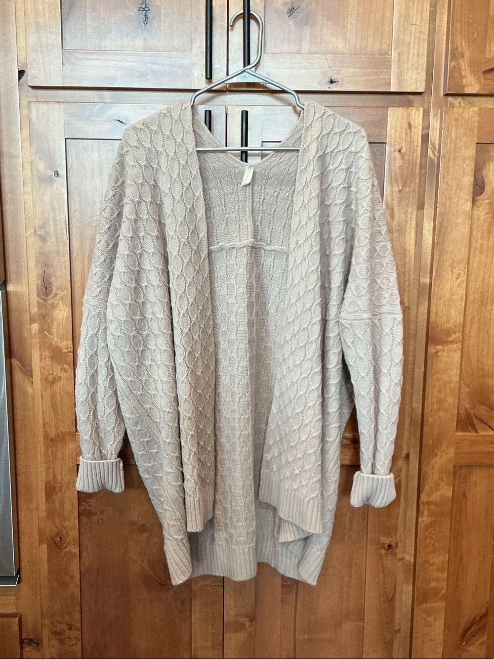Beige Open-Front Cable Knit Women's Sweater Cardigan